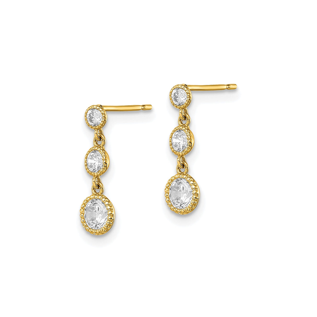 10k Yellow Gold Drop Earrings with Three Bezel Set Round Cubic Zirconia, Dangle Design