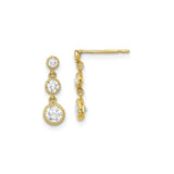 10k Yellow Gold Drop Earrings with Three Bezel Set Round Cubic Zirconia, Dangle Design