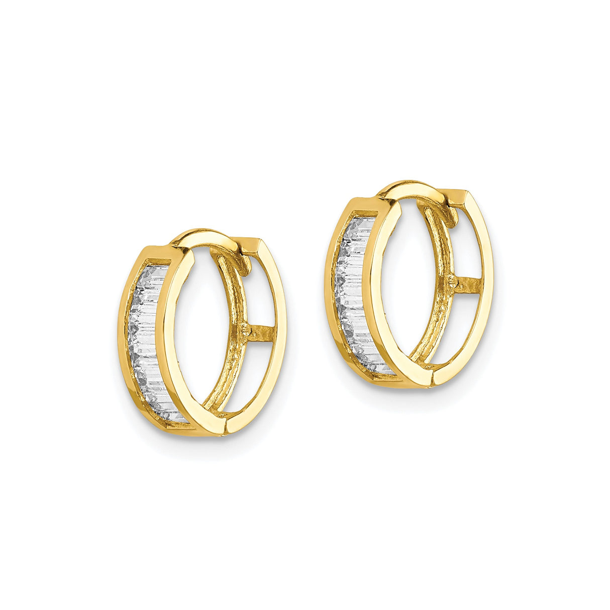 10k Yellow Gold Hoop Earrings, Channel Set Baguette Cut Clear Stones, Hinged Huggies