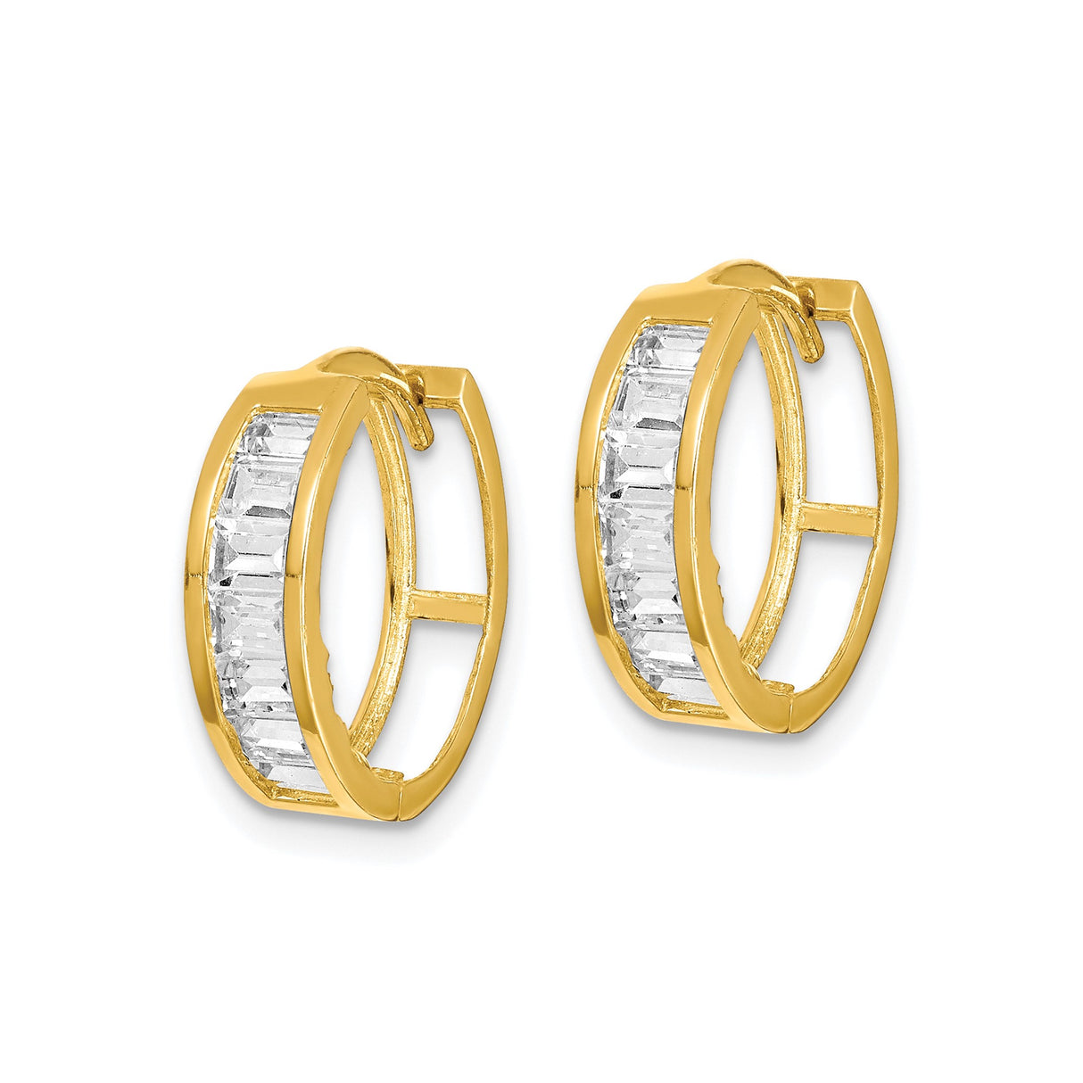 10k Yellow Gold Huggie Earrings with Channel Set Baguette Cut Clear Stones, Polished Finish