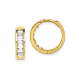10k Yellow Gold Huggie Earrings with Channel Set Baguette Cut Clear Stones, Polished Finish