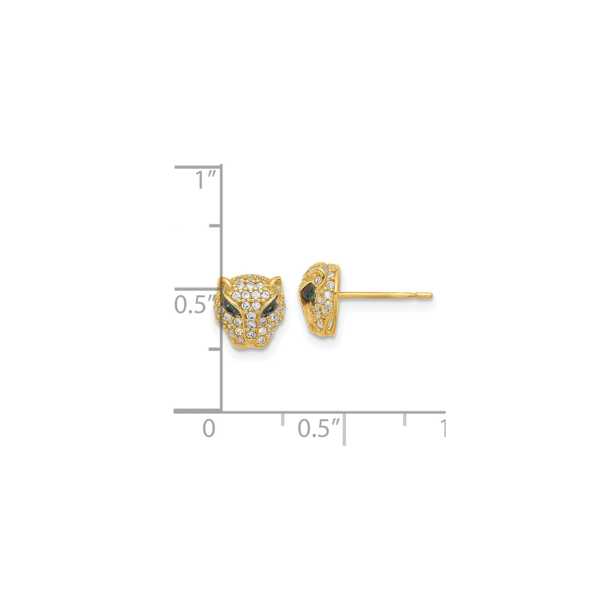 10k Yellow Gold Leopard Head Stud Earrings with Pavé Stones and Green Gemstone Eyes