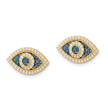 10K Yellow Gold Evil Eye Stud Earrings Pave Blue Stones