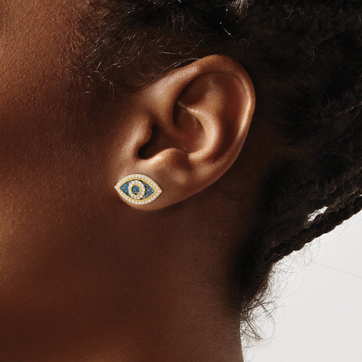 10K Yellow Gold Evil Eye Stud Earrings Pave Blue Stones