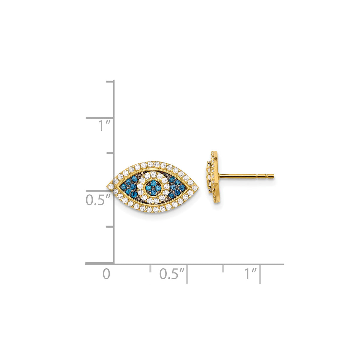 10K Yellow Gold Evil Eye Stud Earrings Pave Blue Stones