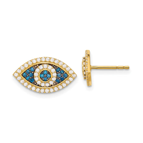 10k Yellow Gold Evil Eye Stud Earrings with Pavé Blue and White Stones, Mediterranean Style Protective Spiritual Jewelry for Women, Boho Gold Fashion Accessory, Daily Wear Symbolic Studs