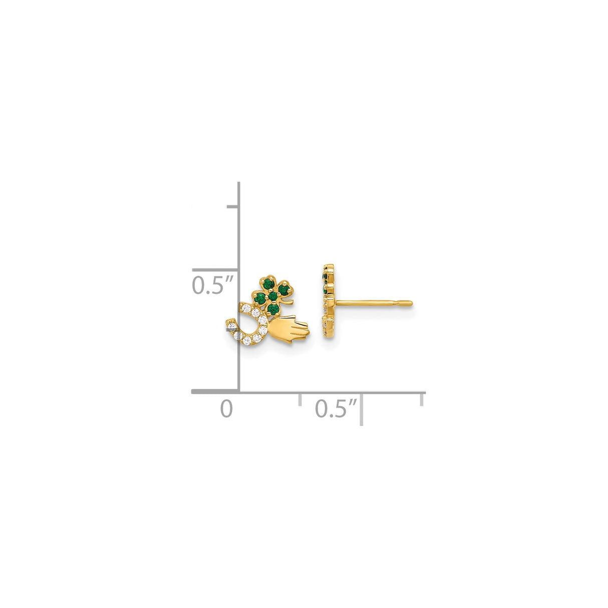 10k Yellow Gold Stud Earrings with Shamrock, Horseshoe, and Hand Symbols, Cubic Zirconia Accents