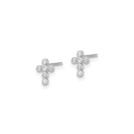 White Gold CZ Cross Stud Earrings Bezel Set Faith Jewelry
