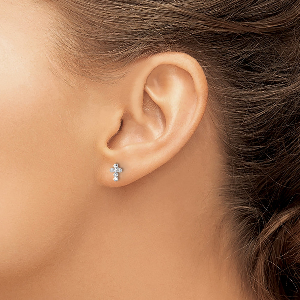 White Gold CZ Cross Stud Earrings Bezel Set Faith Jewelry