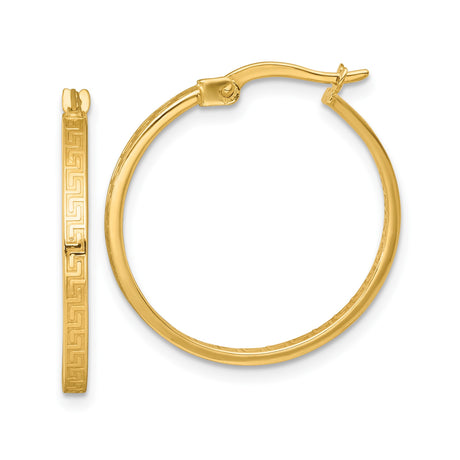 10k Yellow Gold Hoop Earrings with Greek Key Pattern, Lightweight Square Design for Women