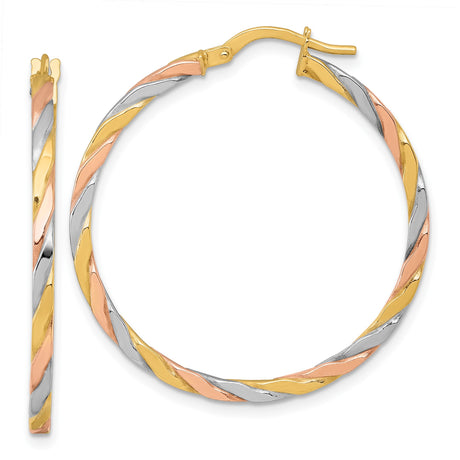10k Yellow Gold Hoop Earrings, Twisted Tricolor Design with Rhodium Finish