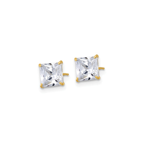 10k Yellow Gold Stud Earrings with Princess Cut Cubic Zirconia, Four Prong Setting