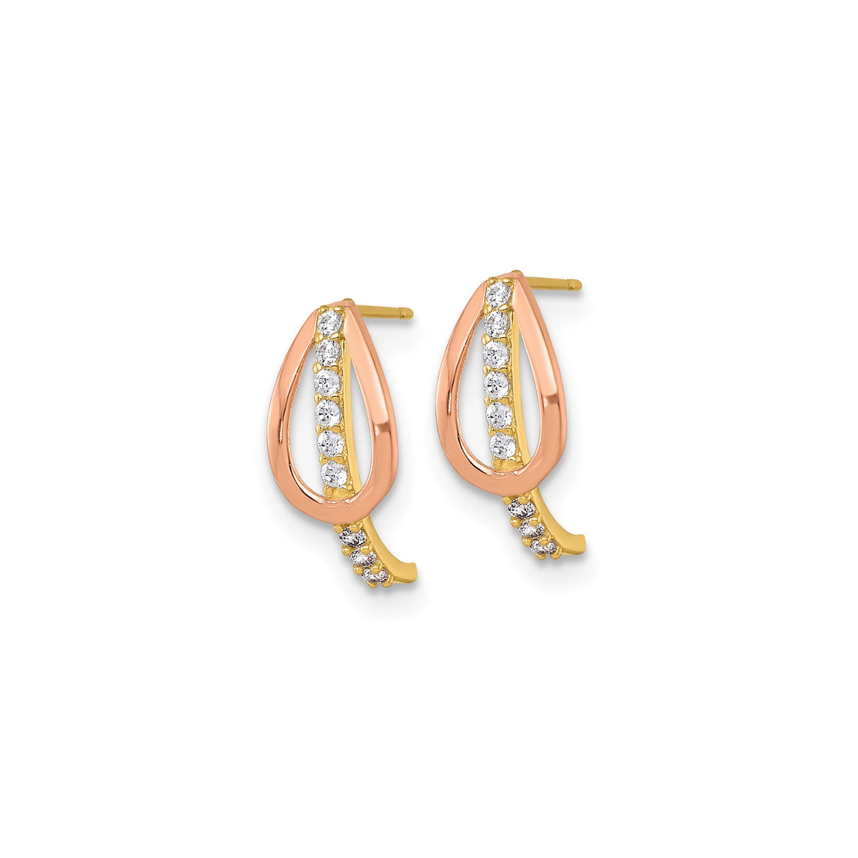 10k Yellow and Rose Gold Teardrop Earrings with Cubic Zirconia, Two Tone Dangle Design