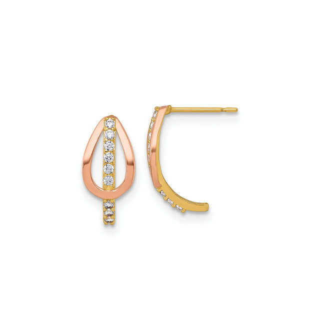10k Yellow and Rose Gold Teardrop Earrings with Cubic Zirconia, Two Tone Dangle Design