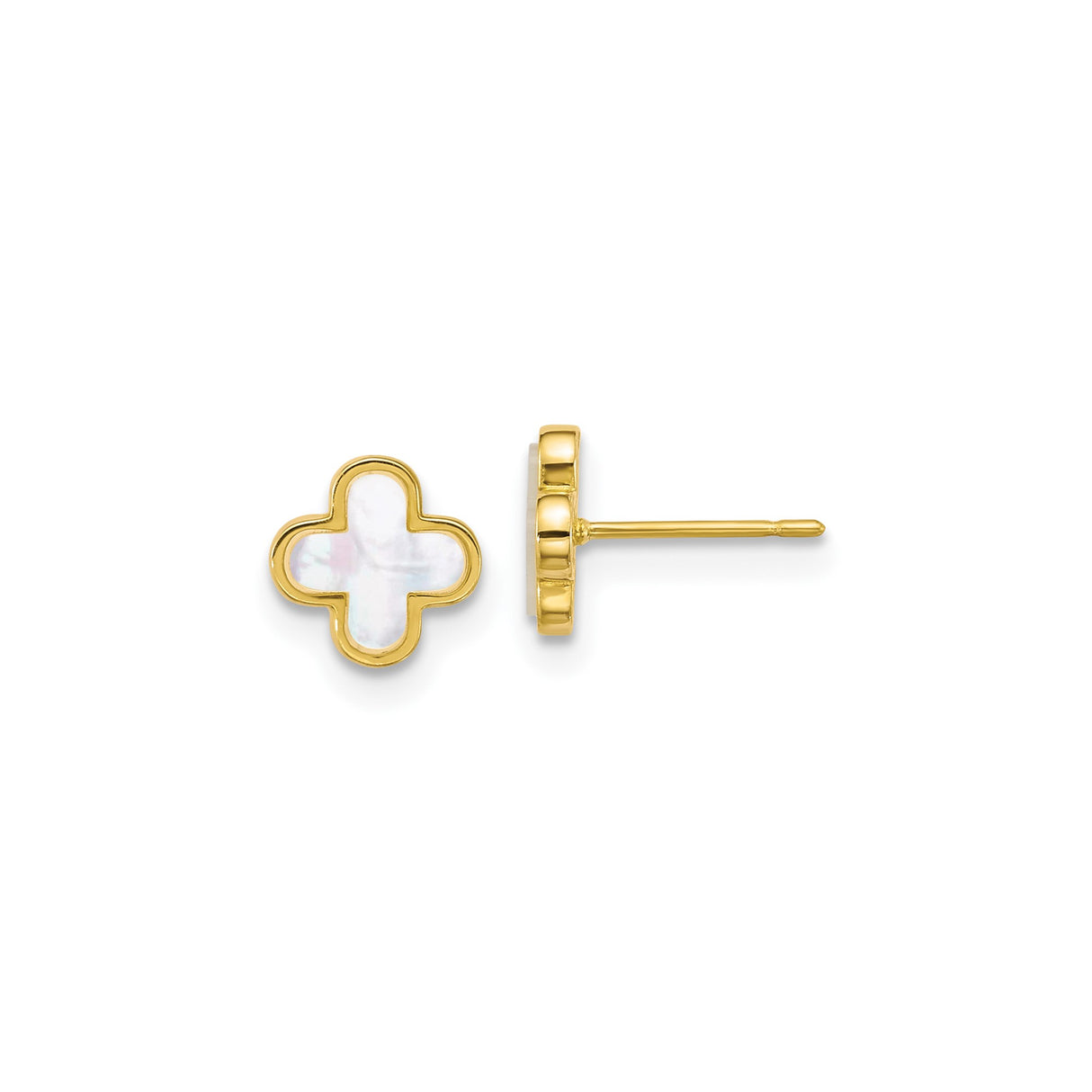 10k Yellow Gold Stud Earrings with Mother of Pearl, Quatrefoil Clover Design, Minimalist Style