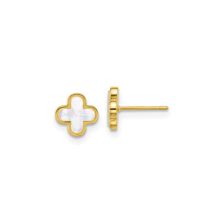 10k Yellow Gold Stud Earrings with Mother of Pearl, Quatrefoil Clover Design, Minimalist Style