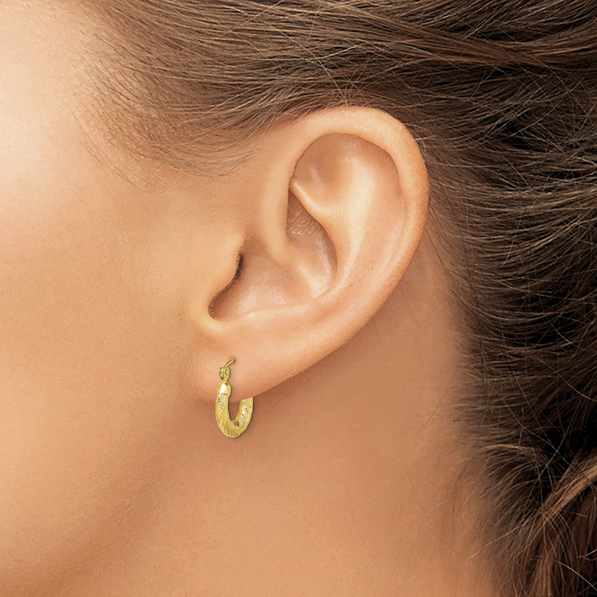 10k Yellow Gold Hoop Earrings with Leaf Pattern, Lightweight Botanical Design for Women