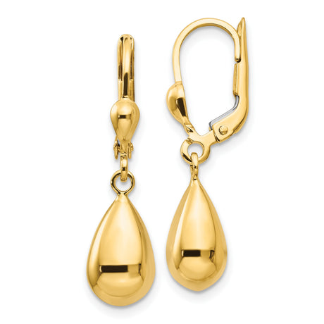 10k Yellow Gold Teardrop Dangle Earrings with Leverback Closures, Polished Minimalist Design