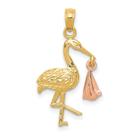 10k Two-Tone Gold Stork Pendant with Rose Gold Baby Bundle, Symbol of Motherhood and New Beginnings