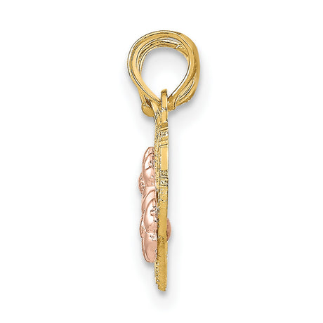 10k Two-Tone Gold Heart Pendant with Mom and Daughter Script and Rose Gold Flower Accents