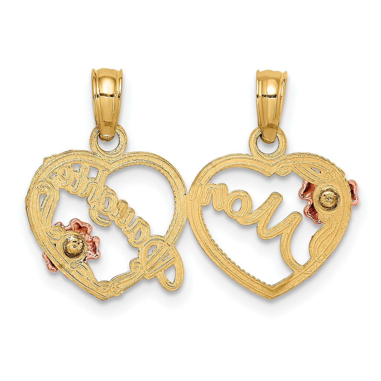 10k Two-Tone Gold Heart Pendant with Mom and Daughter Script and Rose Gold Flower Accents