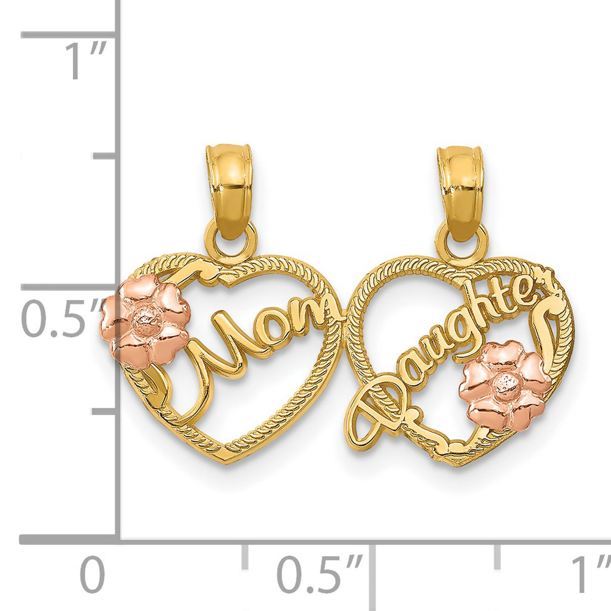 10k Two-Tone Gold Heart Pendant with Mom and Daughter Script and Rose Gold Flower Accents