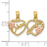 10k Two-Tone Gold Heart Pendant with Mom and Daughter Script and Rose Gold Flower Accents