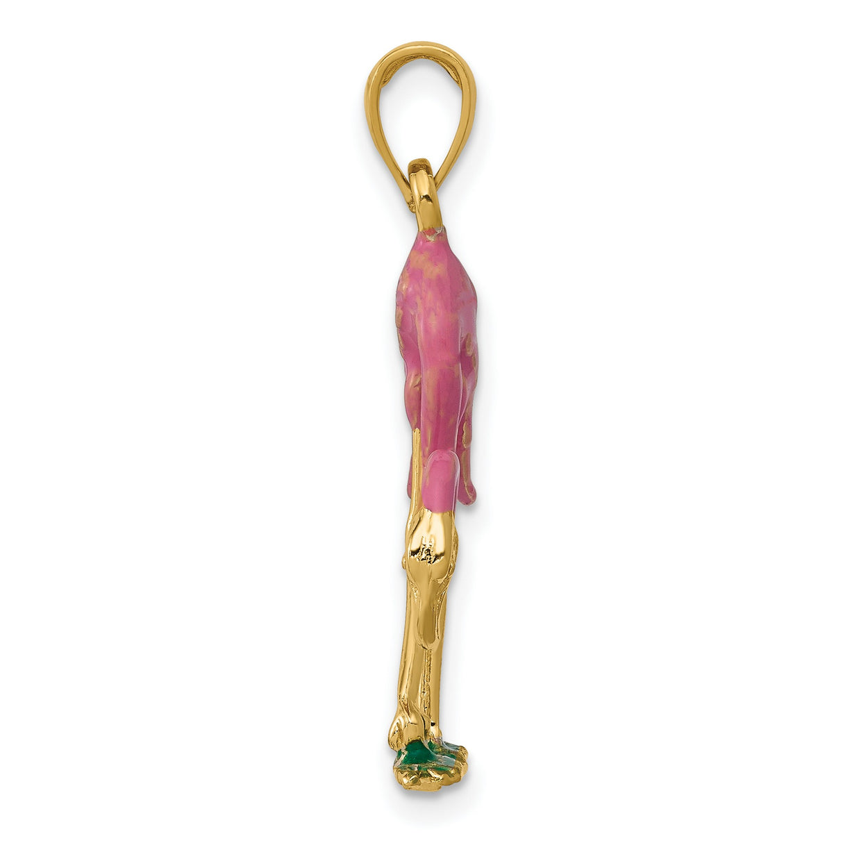 10k Yellow Gold Flamingo Pendant with Pink and Green Enamel, Tropical Bird Charm for Women