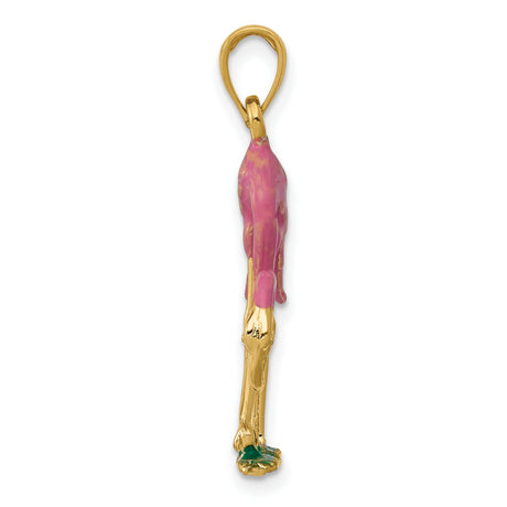 10k Yellow Gold Flamingo Pendant with Pink and Green Enamel, Tropical Bird Charm for Women