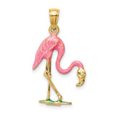 10k Yellow Gold Flamingo Pendant with Pink and Green Enamel, Tropical Bird Charm for Women