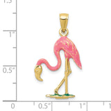 10k Yellow Gold Flamingo Pendant with Pink and Green Enamel, Tropical Bird Charm for Women