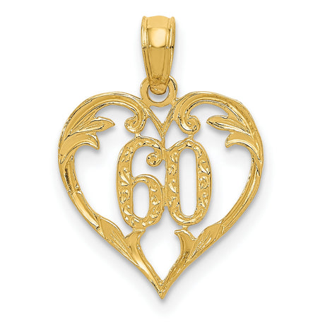 10k Yellow Gold Heart Pendant with Number 60 and Floral Scrollwork