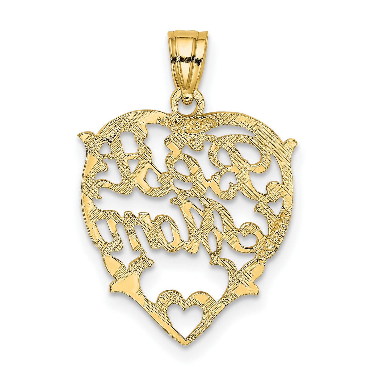 10k Yellow Gold Heart Pendant with Script Mom Lettering and Cutout Design for Women
