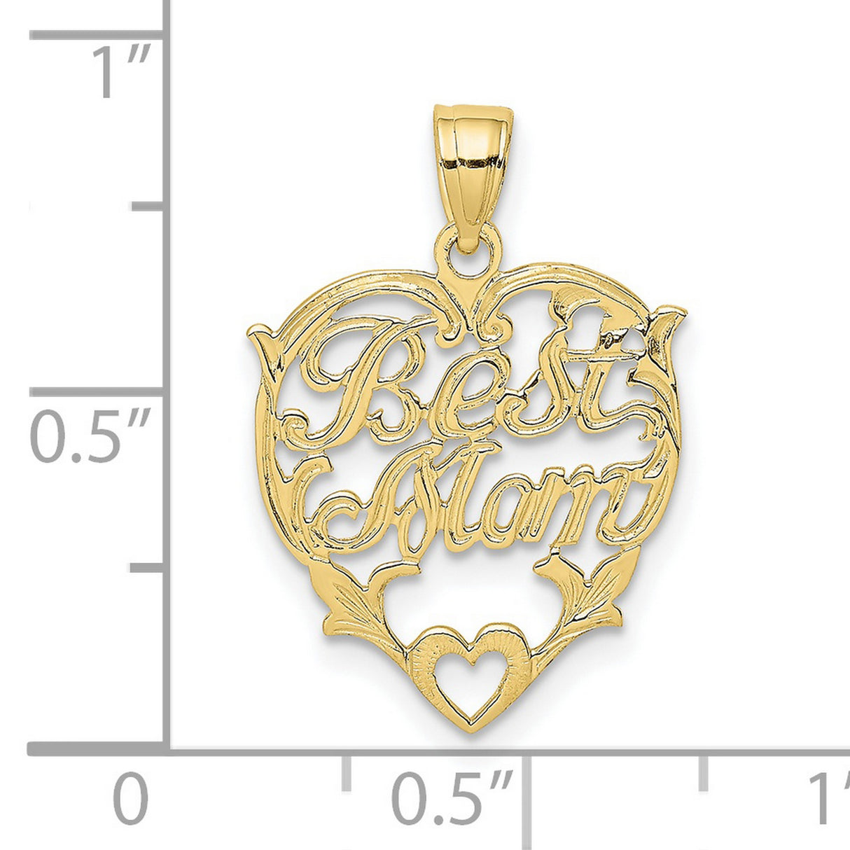 10k Yellow Gold Heart Pendant with Script Mom Lettering and Cutout Design for Women