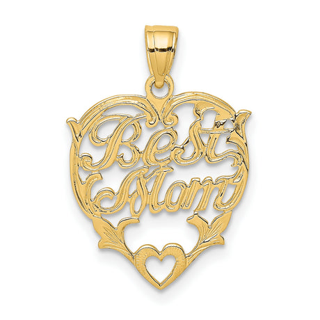 10k Yellow Gold Heart Pendant with Script Mom Lettering and Cutout Design for Women