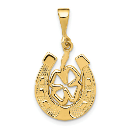 10k Yellow Gold Pendant with Horseshoe and Four-Leaf Clover Design, Celtic Lucky Charm