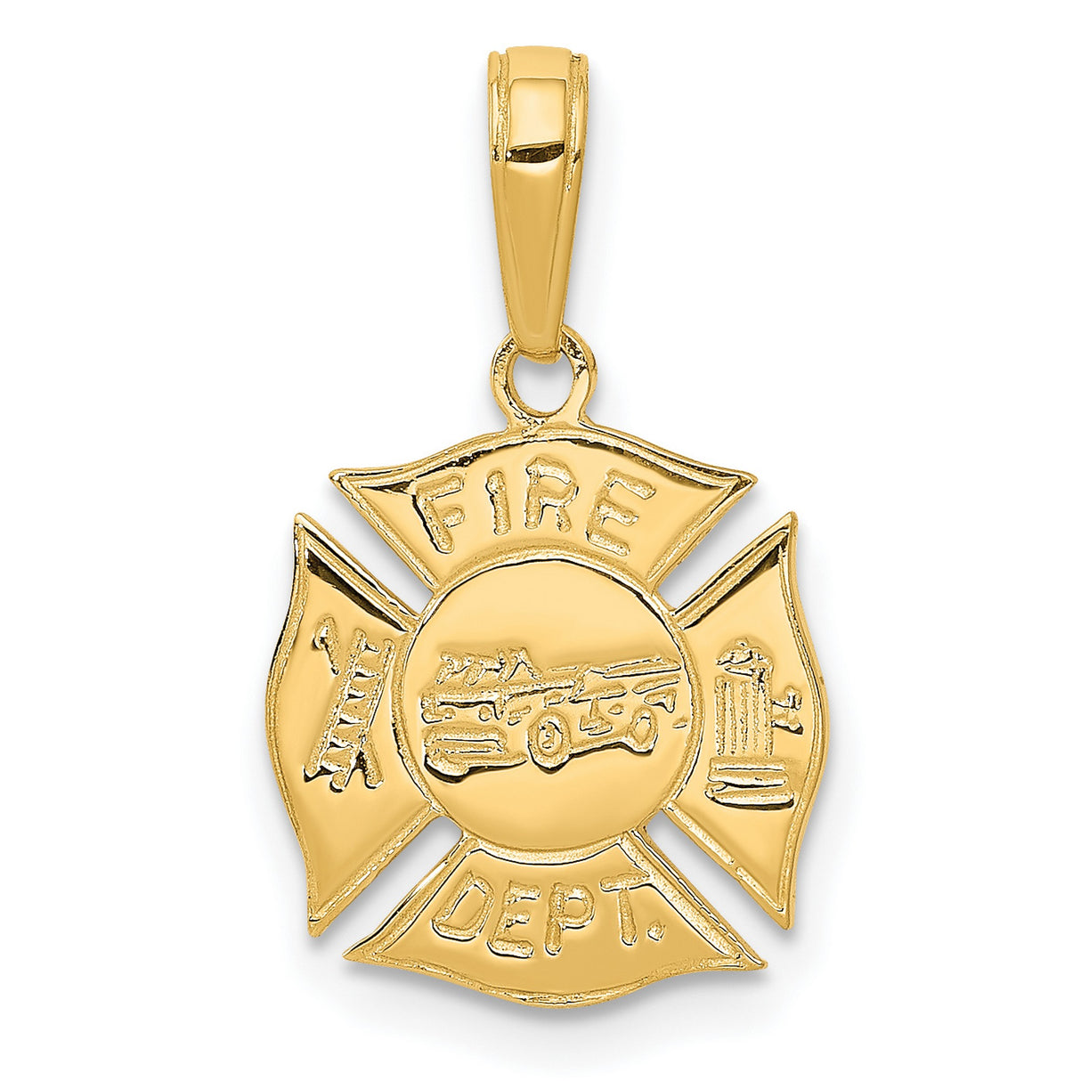 10k Yellow Gold Firefighter Pendant, Maltese Cross with Fire Truck and Hydrant Symbols, Mens Charm