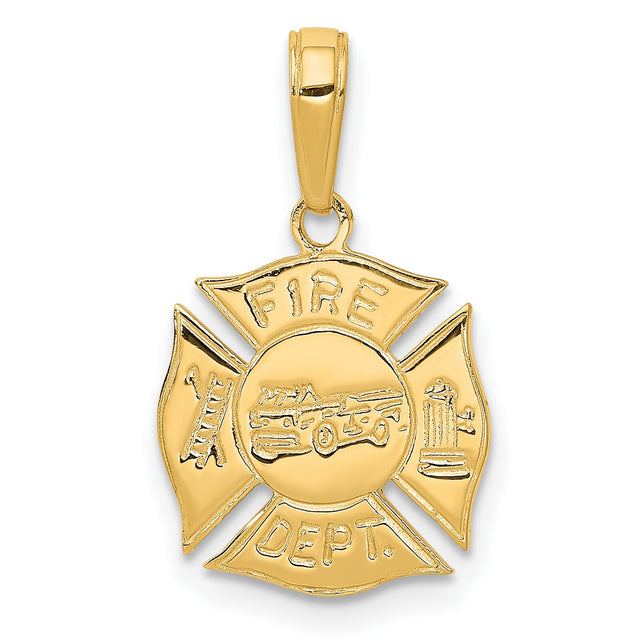 10k Yellow Gold Firefighter Pendant, Maltese Cross with Fire Truck and Hydrant Symbols, Mens Charm