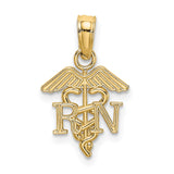 10k Yellow Gold RN Pendant with Caduceus Symbol, Medical Charm for Registered Nurse