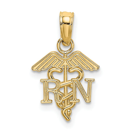 10k Yellow Gold RN Pendant with Caduceus Symbol, Medical Charm for Registered Nurse