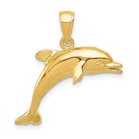 10k Yellow Gold Dolphin Pendant, Polished Jumping Design, Nautical Ocean Theme for Women or Unisex