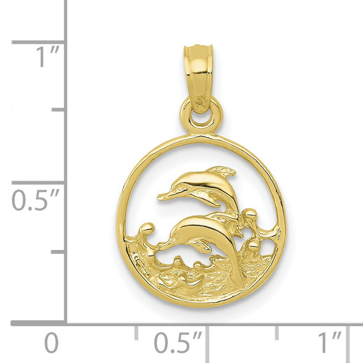 10k Yellow Gold Dolphin Pendant with Double Dolphins and Ocean Wave Circle Design