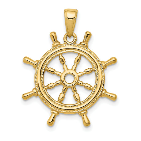 10k Yellow Gold Ship Wheel Pendant, Nautical Helm Charm for Men or Unisex