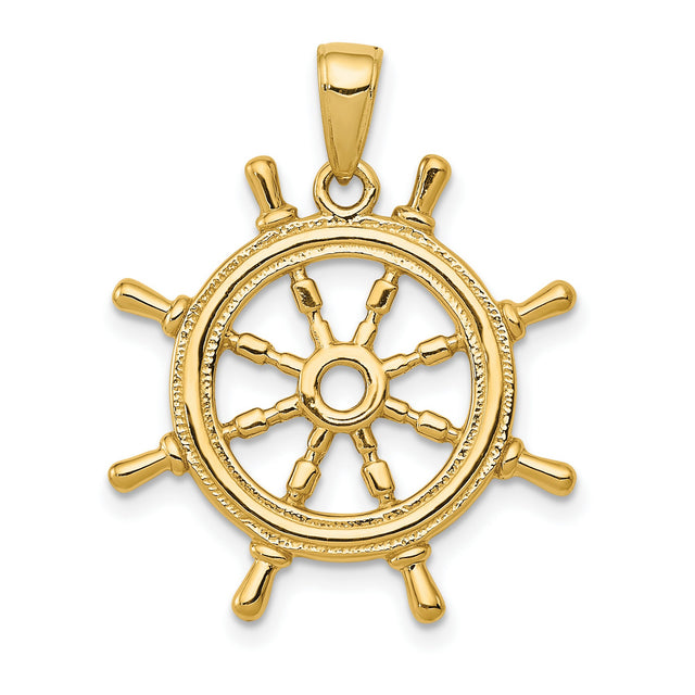 10k Yellow Gold Ship Wheel Pendant, Nautical Helm Charm for Men or Unisex