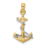 10k Two-Tone Gold Anchor Pendant with Rope Detail, Nautical and Christian Symbol
