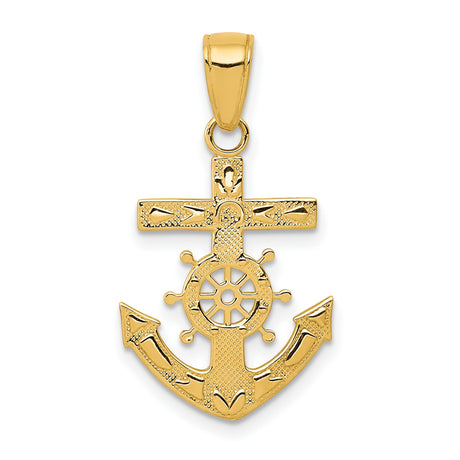 10k Yellow Gold Anchor and Ship Wheel Pendant, Nautical Maritime Symbol for Men or Unisex