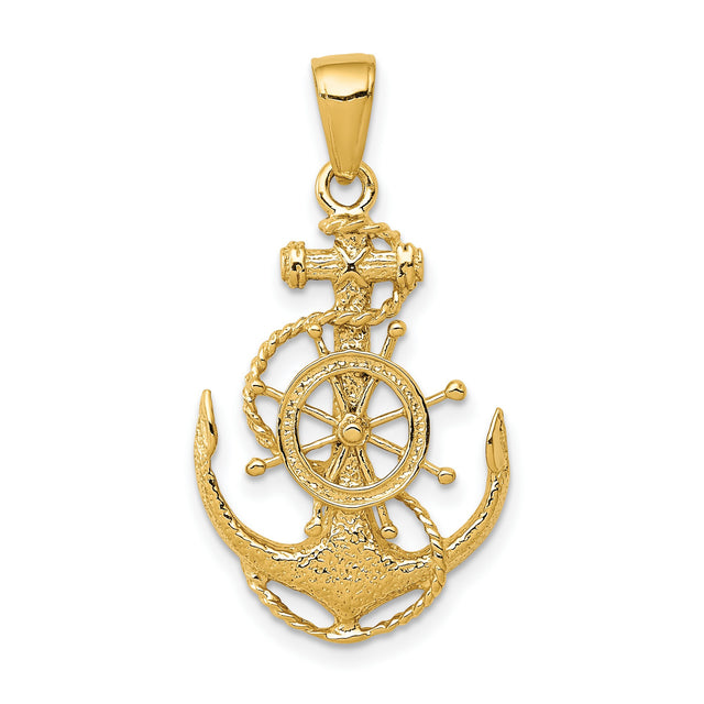 10k Yellow Gold Anchor and Ship Wheel Pendant, Nautical Maritime Jewelry for Men and Unisex Wear
