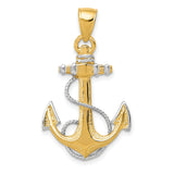 10k Multi-Tone Gold Anchor Pendant with Rope Detailing, Rhodium Plated, Nautical Christian Jewelry