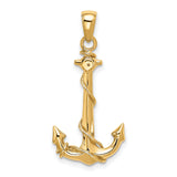 10k Yellow Gold Anchor Pendant with Rope Design, Nautical and Christian Symbol for Men