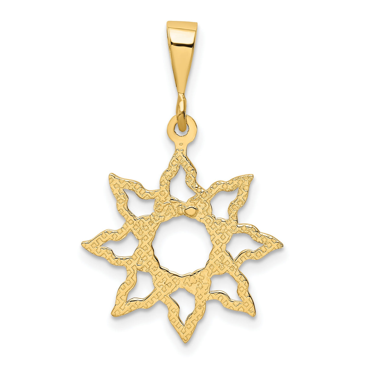 10k Yellow Gold Sunburst Pendant with Openwork Rays, Abstract Flame Medallion, Boho Spiritual Charm